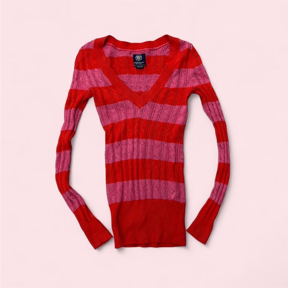 Y2K American Eagle Outfitters Red and Pink Striped V-Neck Sweater - Picture 2 of 6